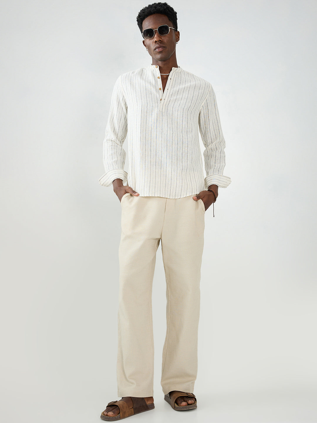 White & Grey Burlap Weaved Striped Kurta