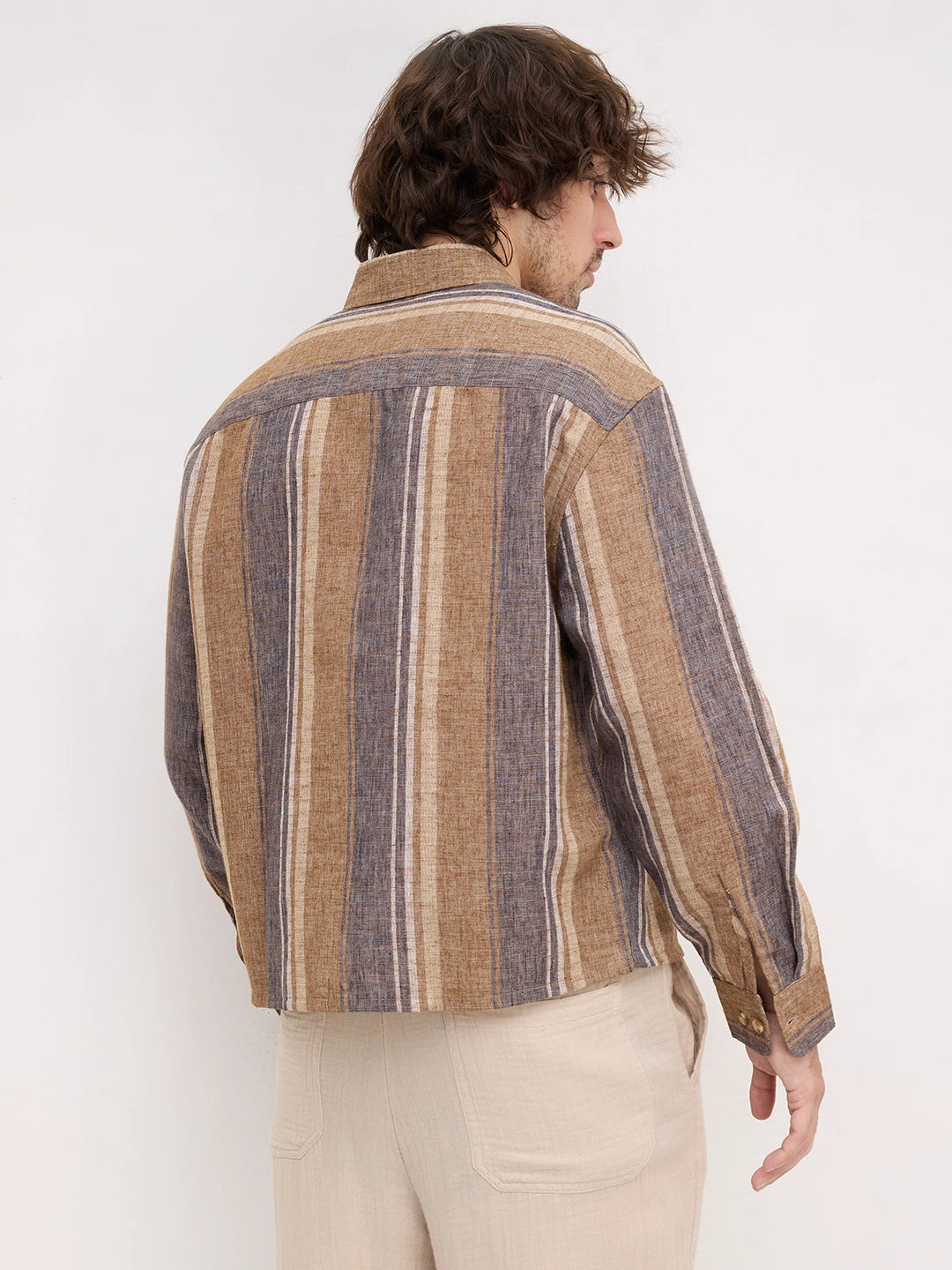 Earthy Brown & Navy Textured Striped Boxy Fit Crop Shirt