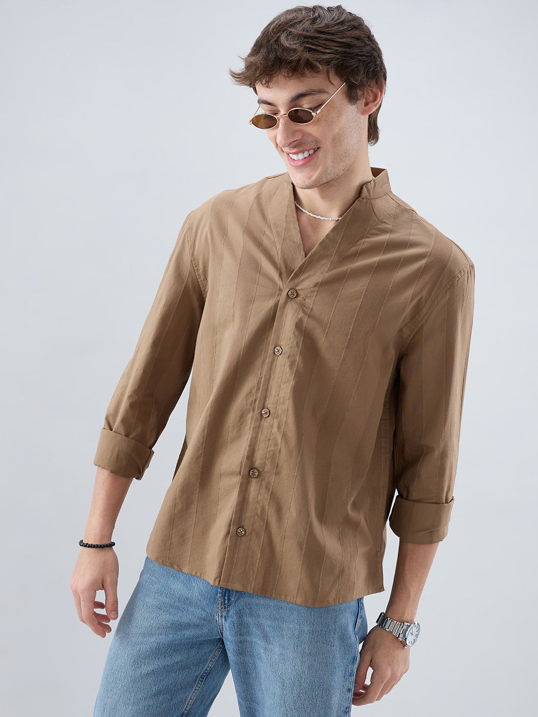 Bark Brown Panel Textured Stand Collar Oversized Shirt