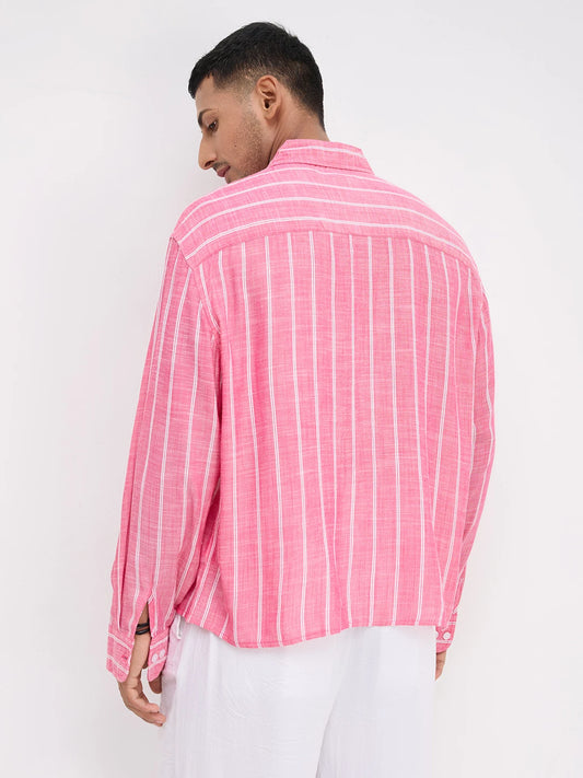 Romantic Rose Pink Striped Boxy Fit Crop Shirt