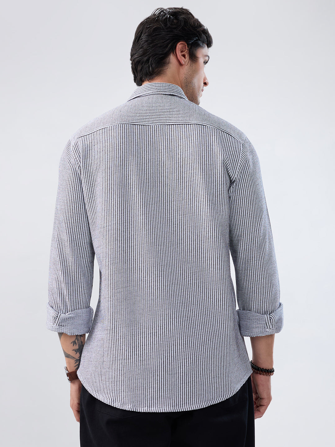 White Grid Textured Knitted Shirt