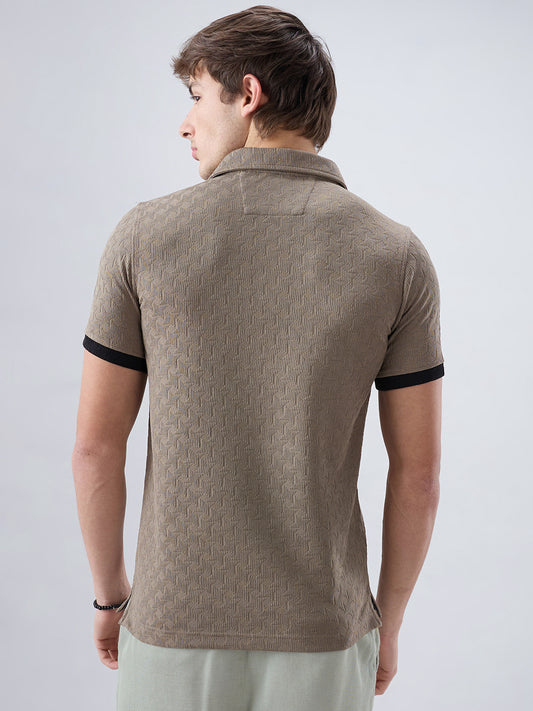 Taupe Textured Contrast Polo Neck Knit T-shirt