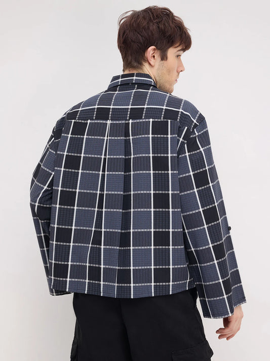 Refined Monochrome Plaid Textured Cuffless Oversized Crop Shirt