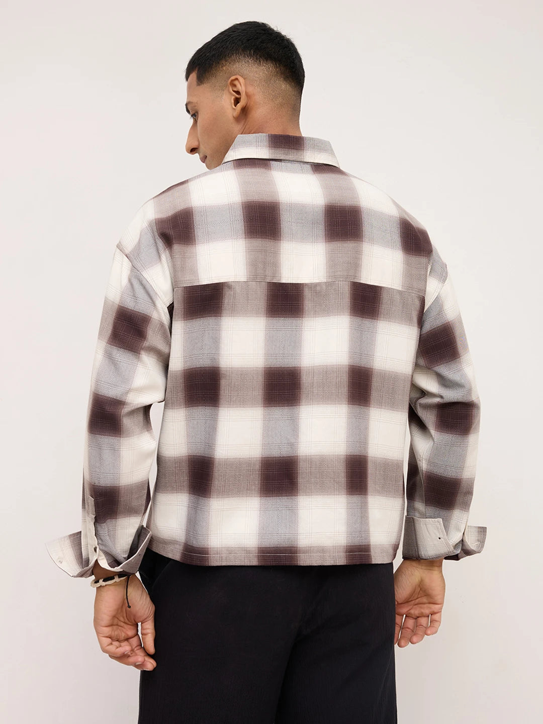 Brown & Grey Shadow Checks Boxy Fit Crop Utility Shirt