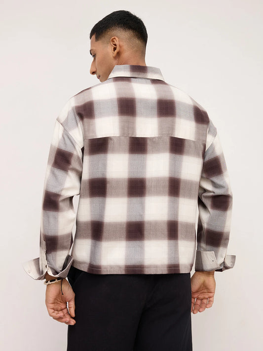 Brown & Grey Shadow Checks Boxy Fit Crop Utility Shirt