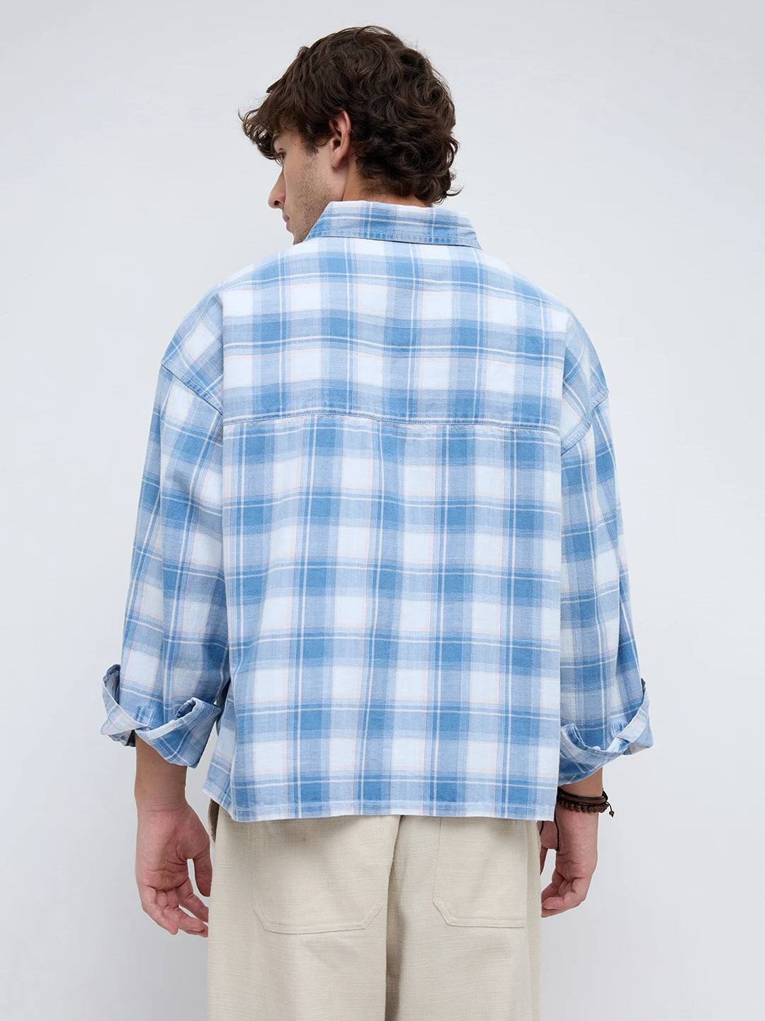 Denim Blue & White Plaid Twin Pocket Oversized Crop Shirt