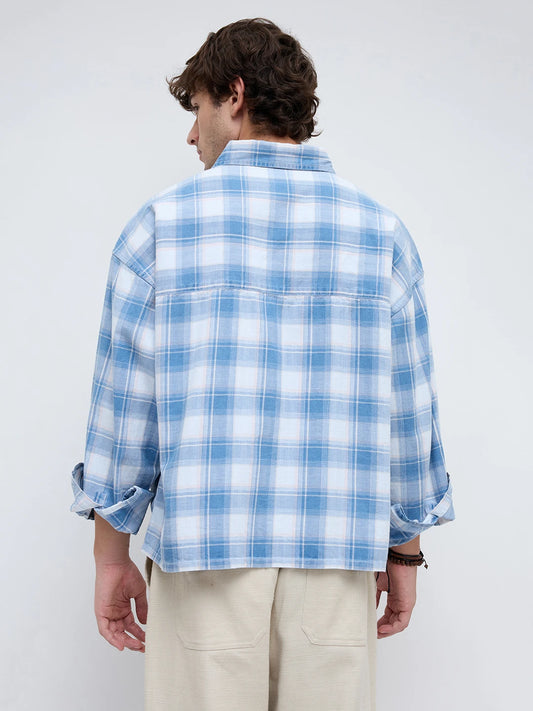 Denim Blue & White Plaid Twin Pocket Oversized Crop Shirt