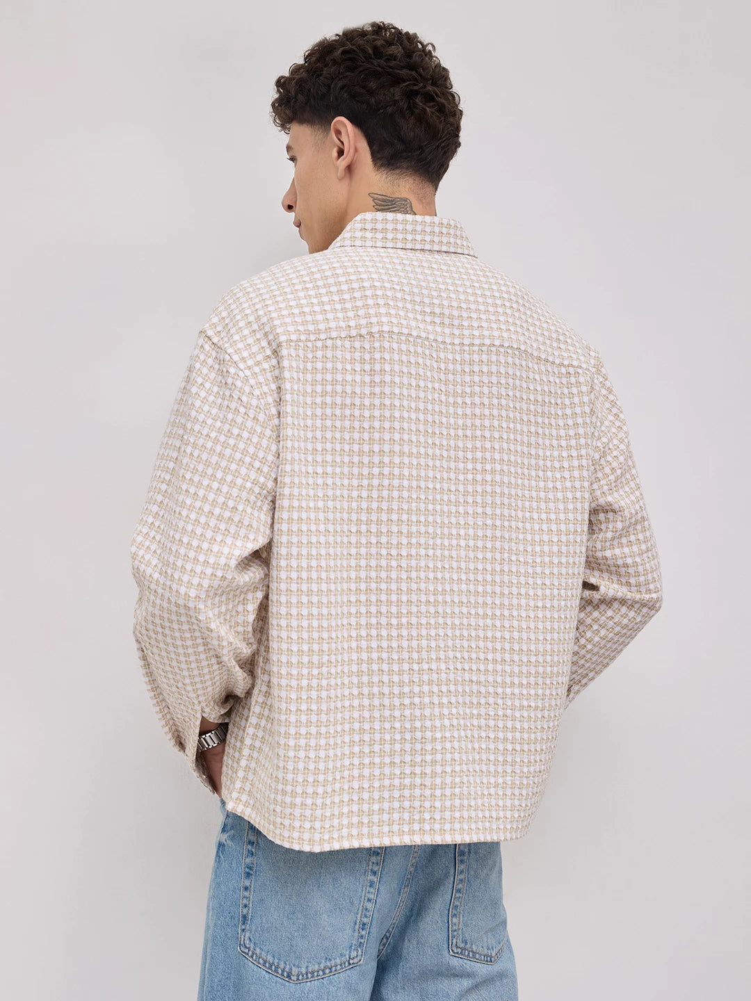 Beige Mosaic Textured Boxy Fit Crop Shirt
