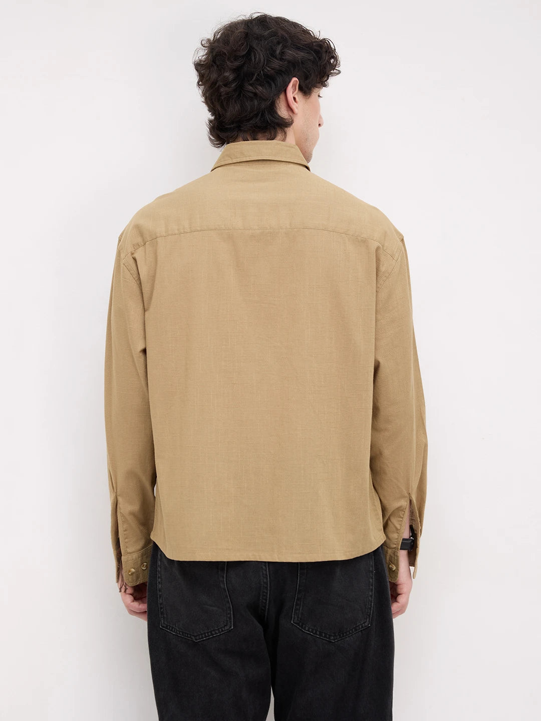 Rich Khaki Micro Square Textured Boxy Fit Crop Shirt