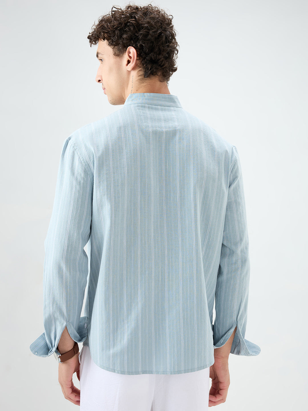 Arctic Blue Striped Linen Blend Stand Collar Oversized Shirt