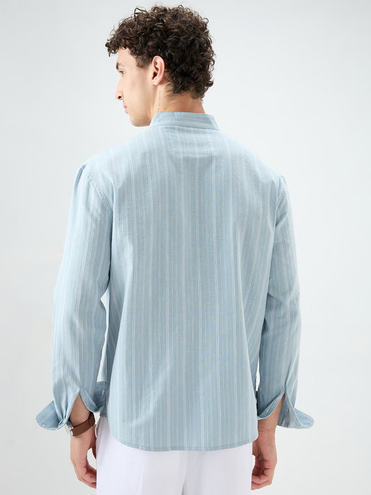 Arctic Blue Striped Linen Blend Stand Collar Oversized Shirt