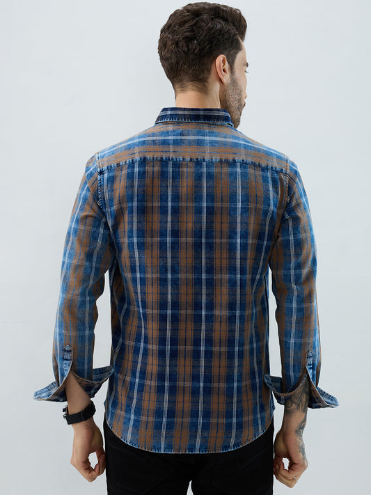 Classic Camel Brown Nightfall Denim Tartan Checks Shirt