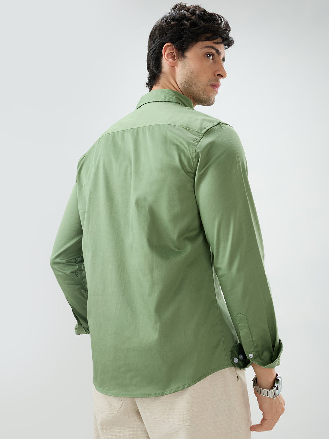 Forest Sheen Luxe Satin Button-down Collar Shirt