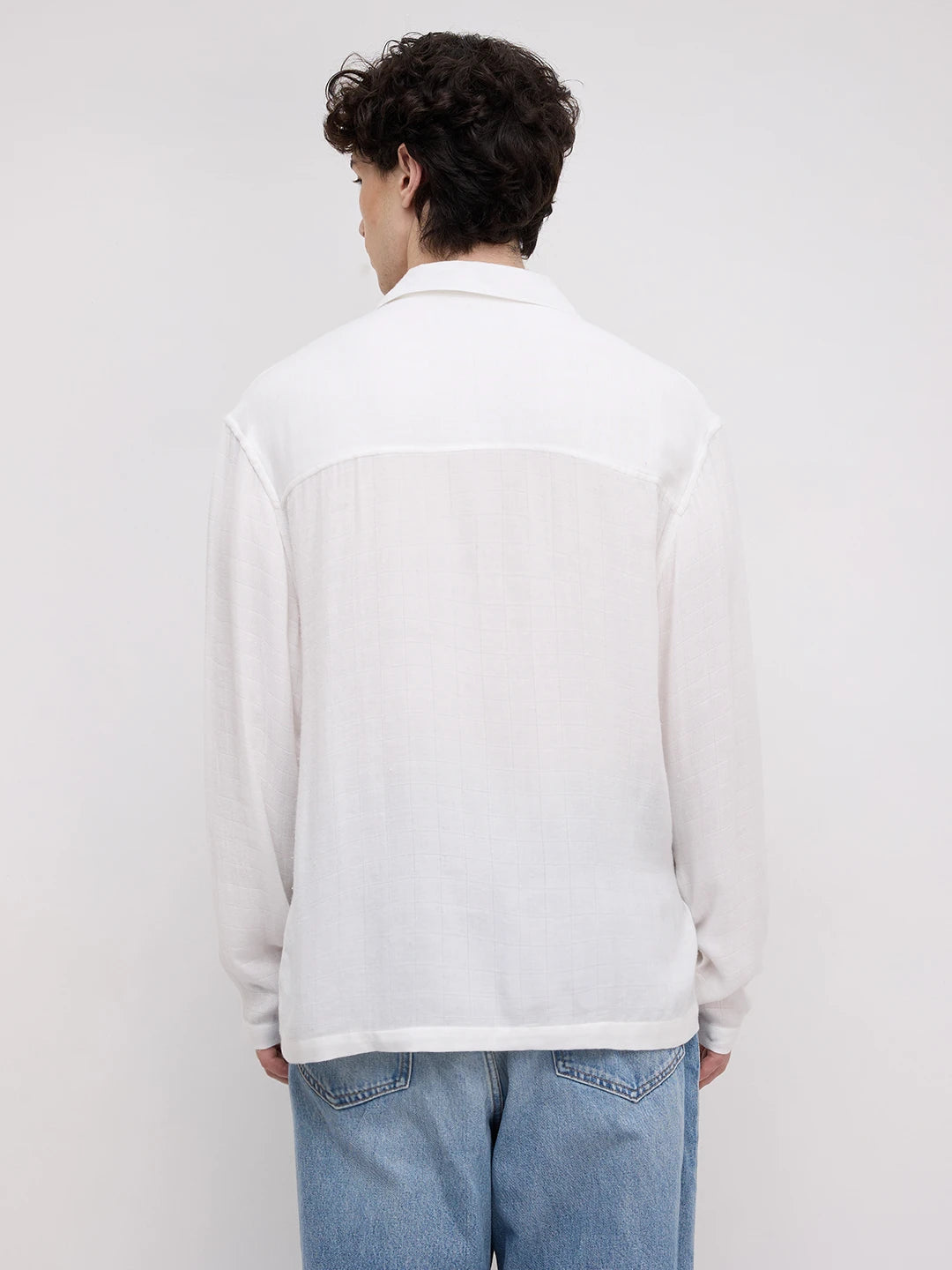 Cloud White Square Weave Double Cloth Notch Collar Oversized Shirt