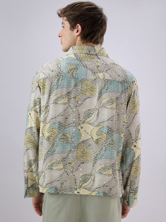 Utsav Spark Grey Sequin Embroidered Cuffless Oversized Shirt