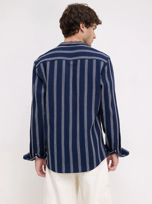 Navy & White Vertical Striped Mandarin Shirt