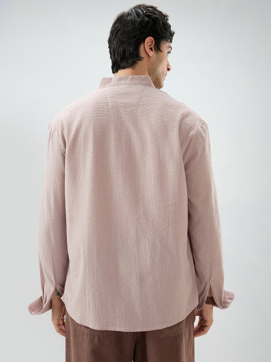 Taupe Beige Seersucker Striped Stand Collar Oversized Shirt