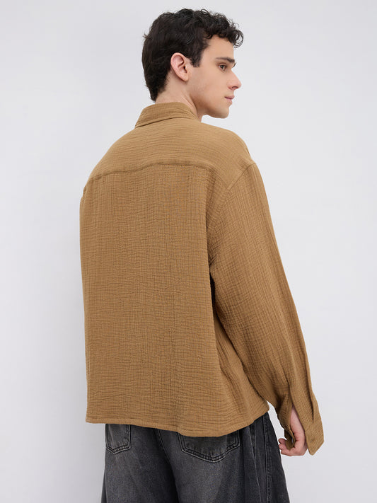 Timeless Tan Brown Double Cloth Boxy Fit Crop Shirt