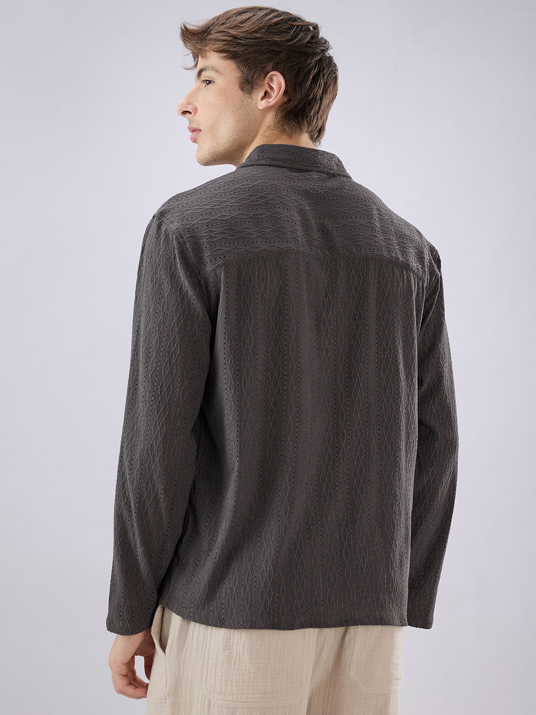 Dark Grey Textured Crochet Polo Oversized Shirt