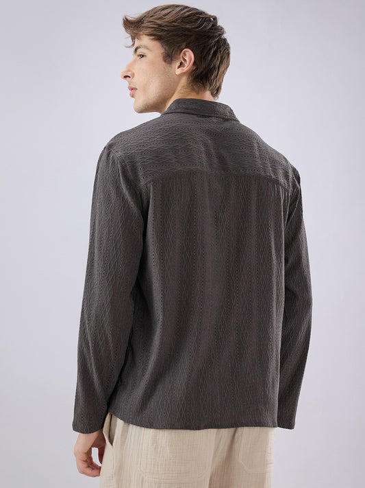 Dark Grey Textured Crochet Polo Oversized Shirt