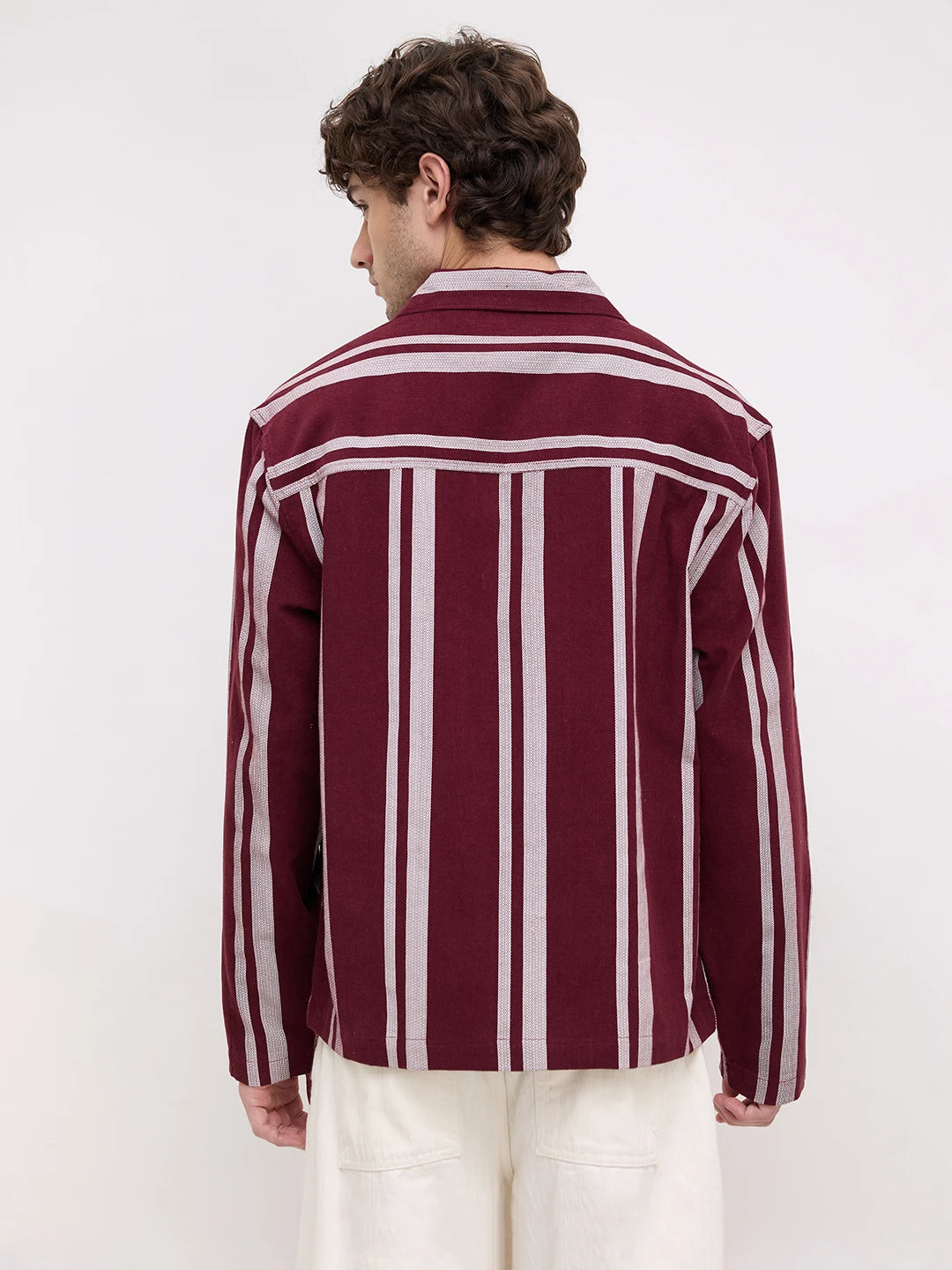Luxe Maroon Contrast Striped Corduroy Notch Collar Oversized Shirt