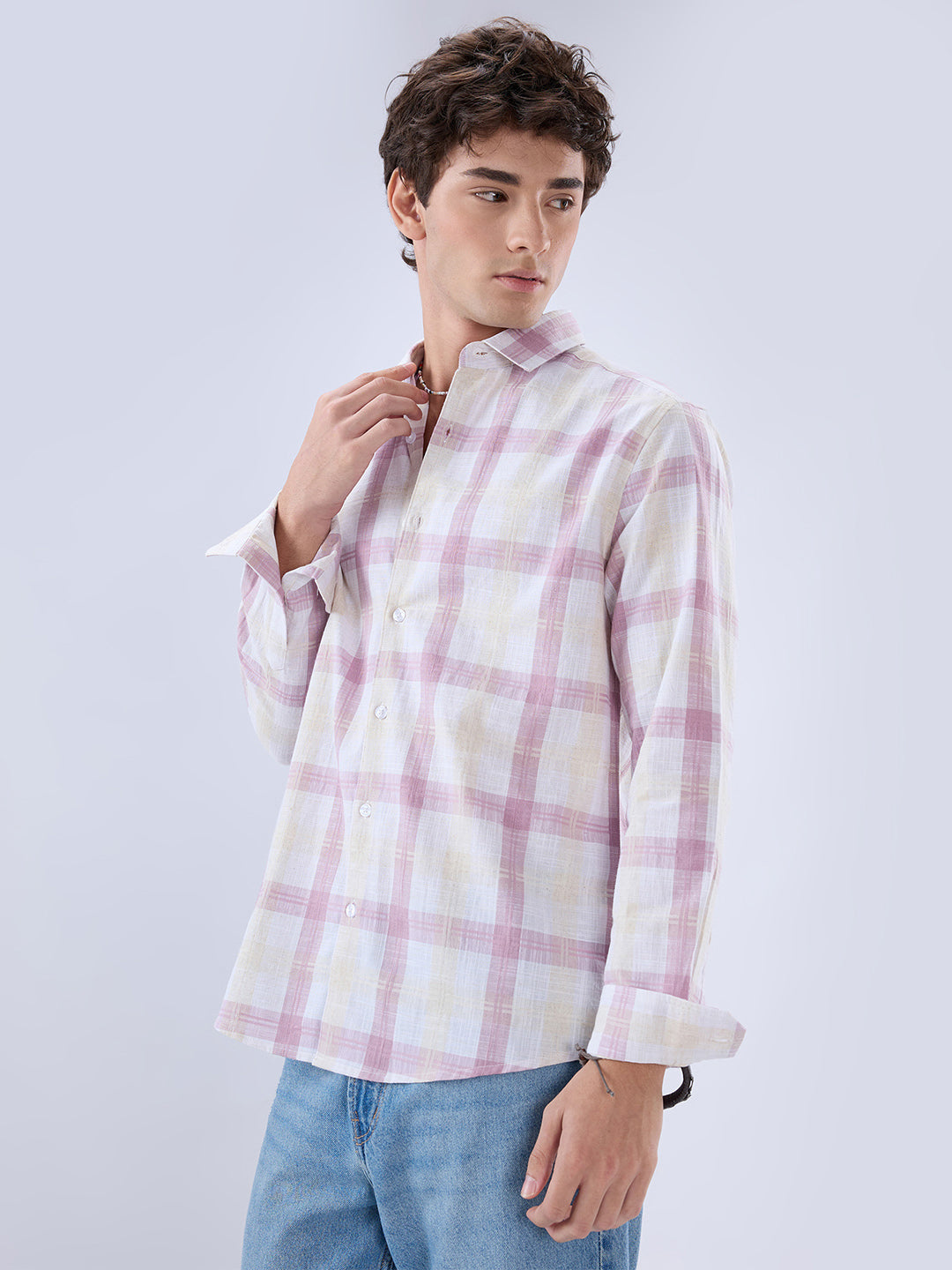 Soft Pink Fine Weave Plaid Checks Shirt