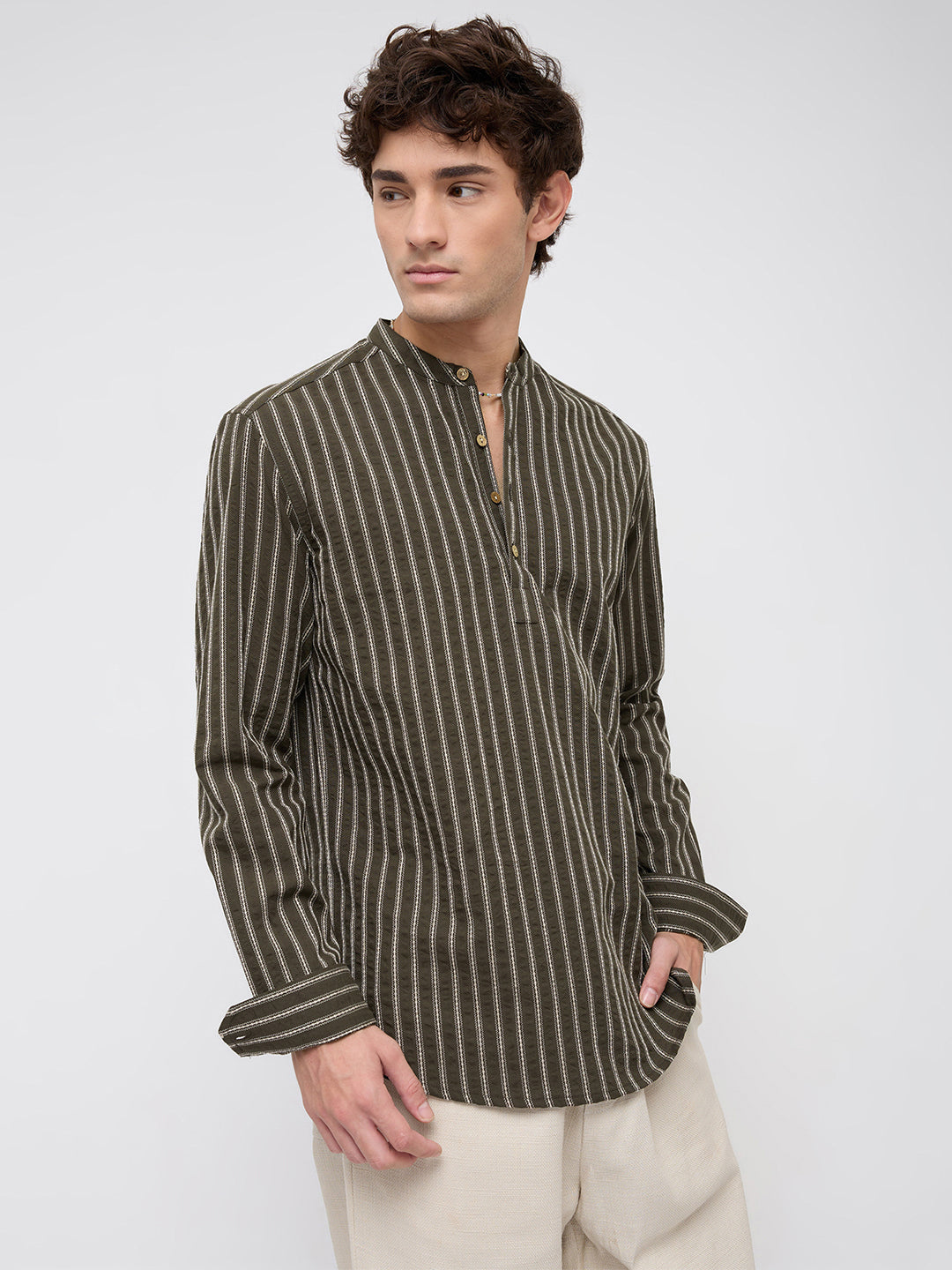 Elegant Olive Motif Seersucker Striped Embroidered Kurta