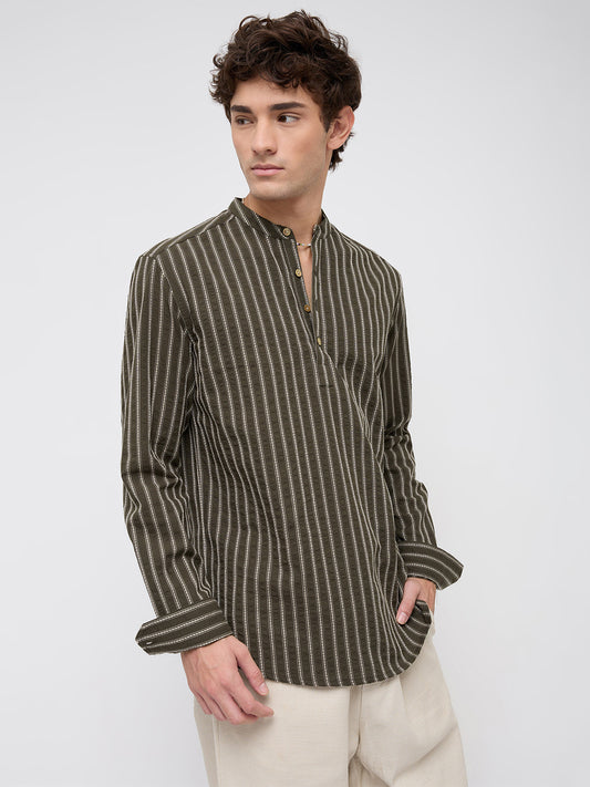 Elegant Olive Motif Seersucker Striped Embroidered Kurta