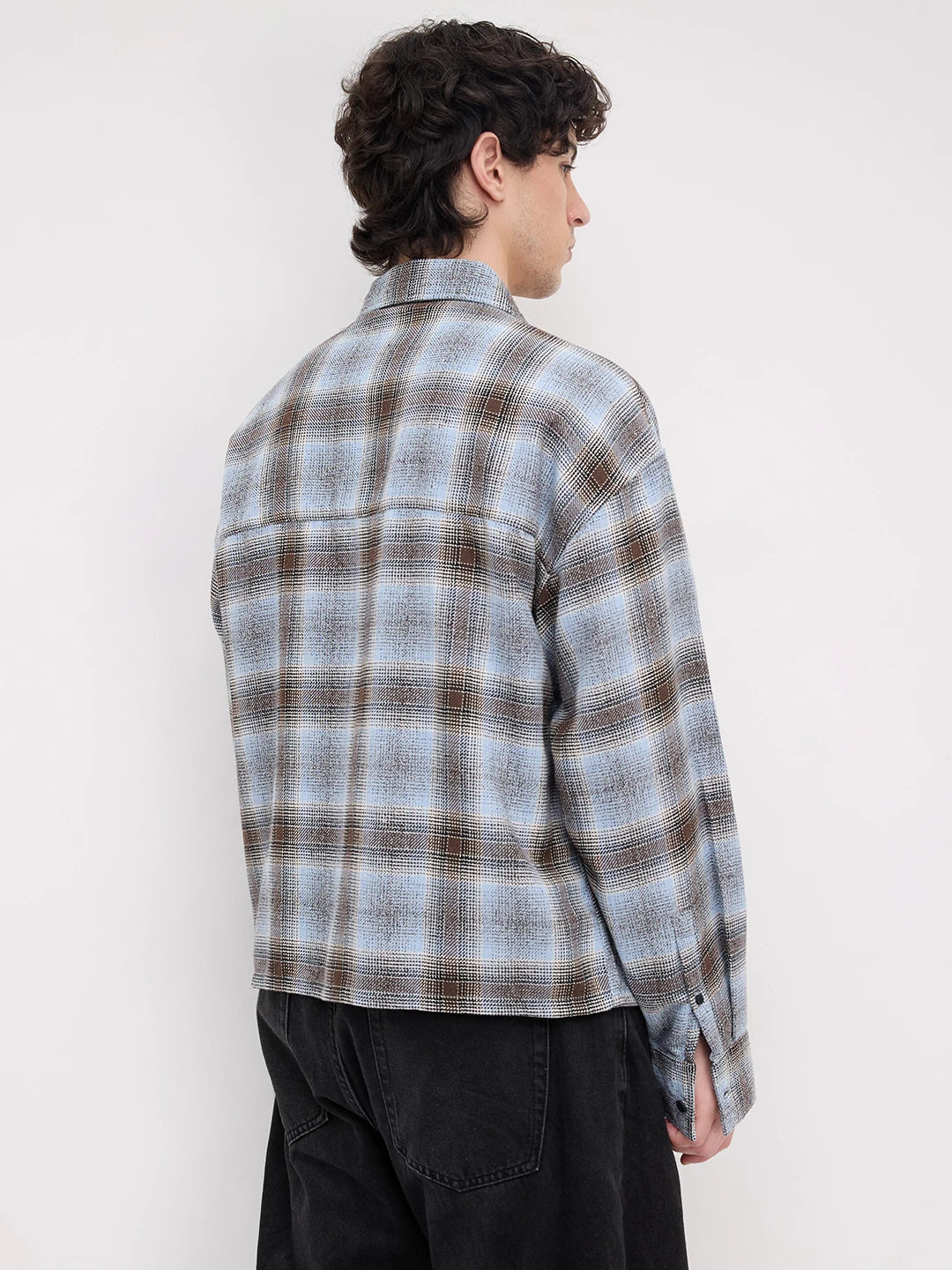 Sky Blue & Brown Flannel Plaid Checks Twin Pocket Crop Shirt