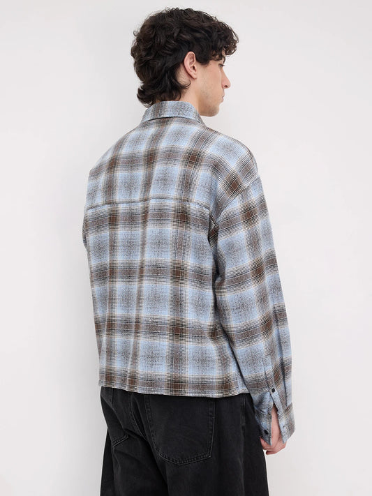 Sky Blue & Brown Flannel Plaid Checks Twin Pocket Crop Shirt