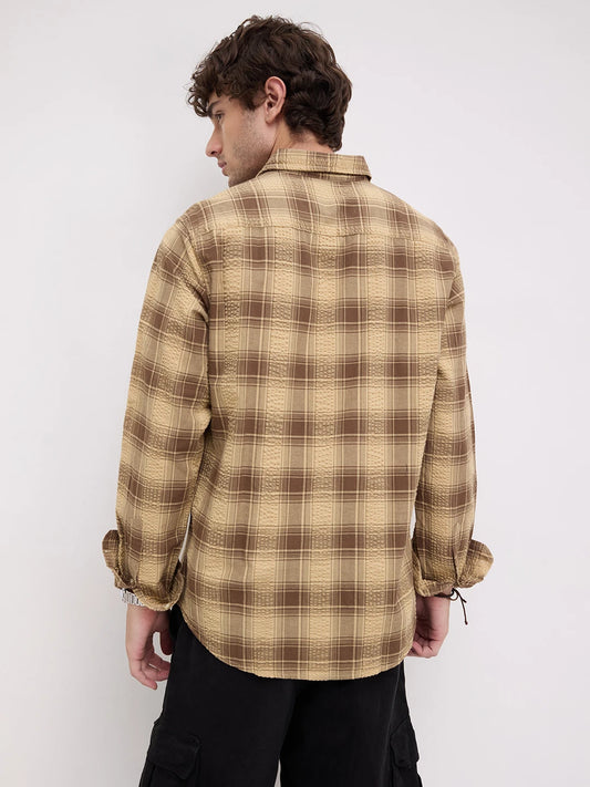 Brown Seersucker Checkered Shirt
