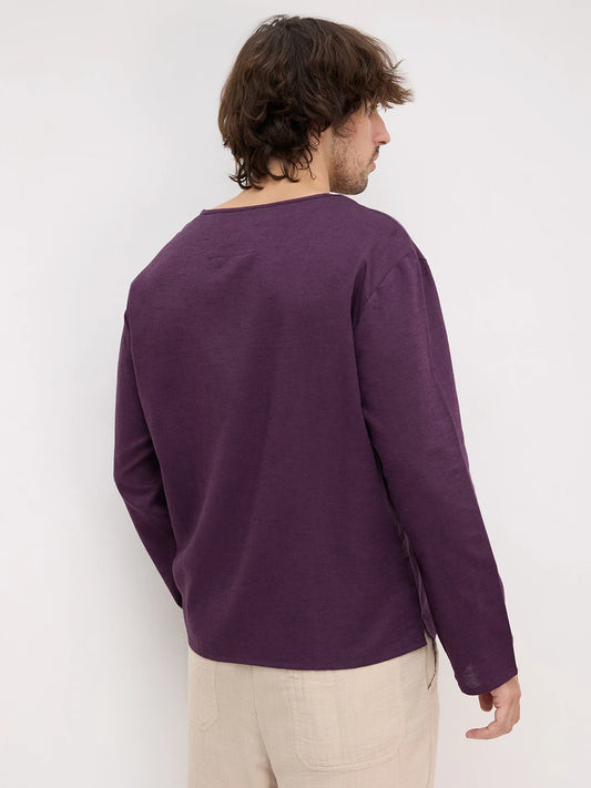 Luxe Plum Linen Blend Henley Neck Oversized Shirt
