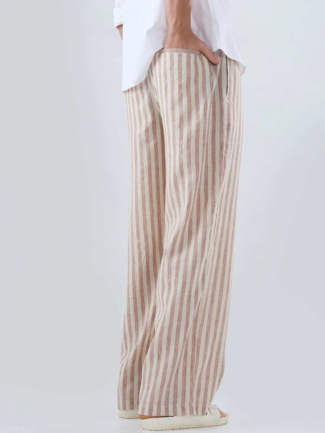 Brown & Ivory Striped Linen Blend Wide Leg Trousers