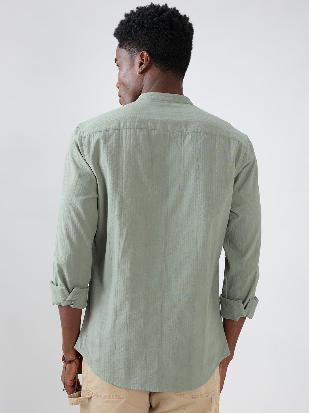 Asparagus Green Seersucker Striped Mandarin Shirt