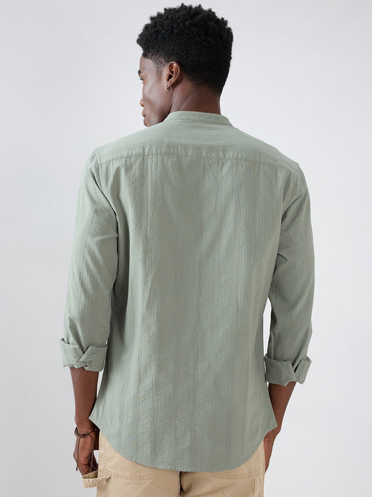 Asparagus Green Seersucker Striped Mandarin Shirt
