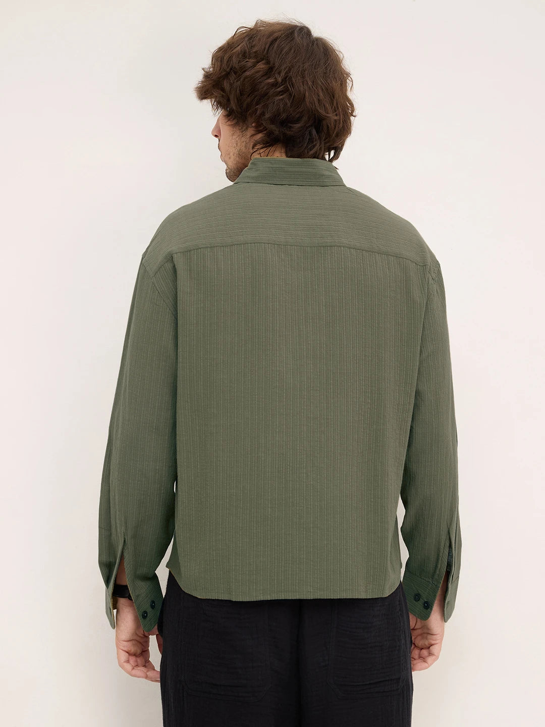 Olive Fine Striped Textured Boxy Fit Crop Shirt