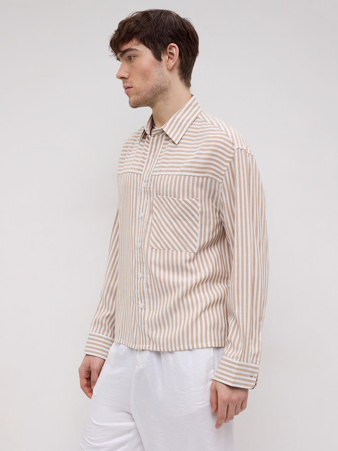 Timeless Khaki Striped Boxy Fit Crop Shirt