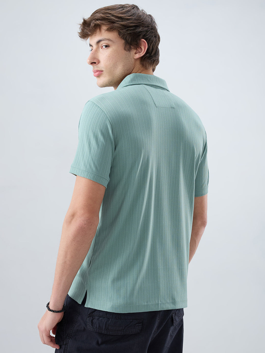 Refined Jungle Green Hairline Striped Polo Knit T-Shirt