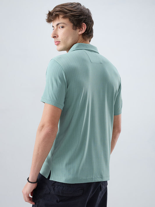 Refined Jungle Green Hairline Striped Polo Knit T-Shirt