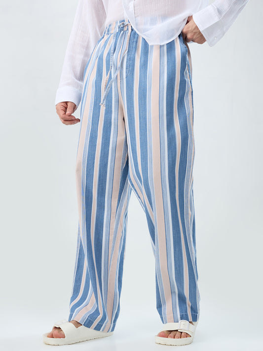 Multi-Tone Denim Striped Straight Fit Trousers