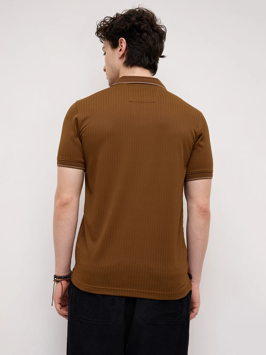 Chocolate Brown Striped Weave Polo Tee
