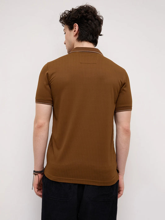 Chocolate Brown Striped Weave Polo Tee