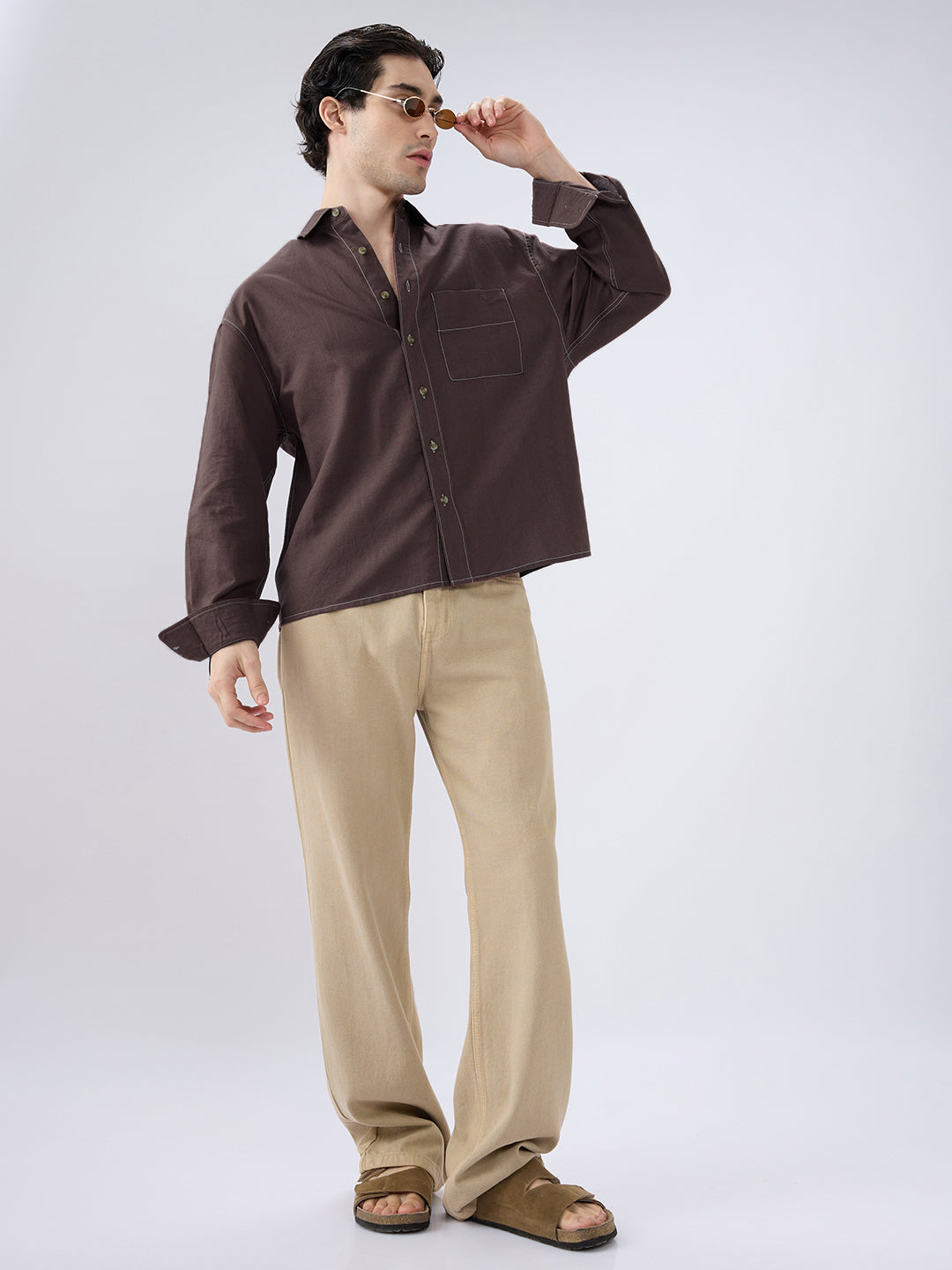 Elegant Brown Linen Contrast Stitch Boxy Fit Crop Shirt
