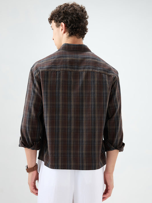Rich Brown Multi Line Checks Boxy Fit Crop Shirt
