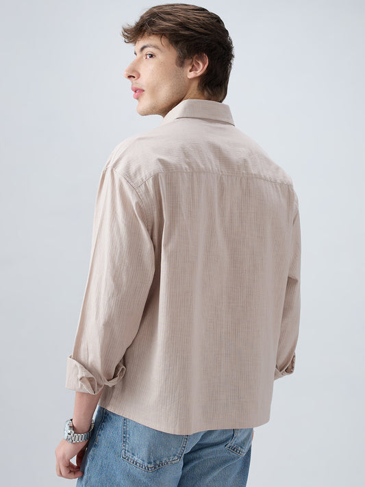 Neutral Beige Airy Slub Textured Boxy Fit Crop Shirt