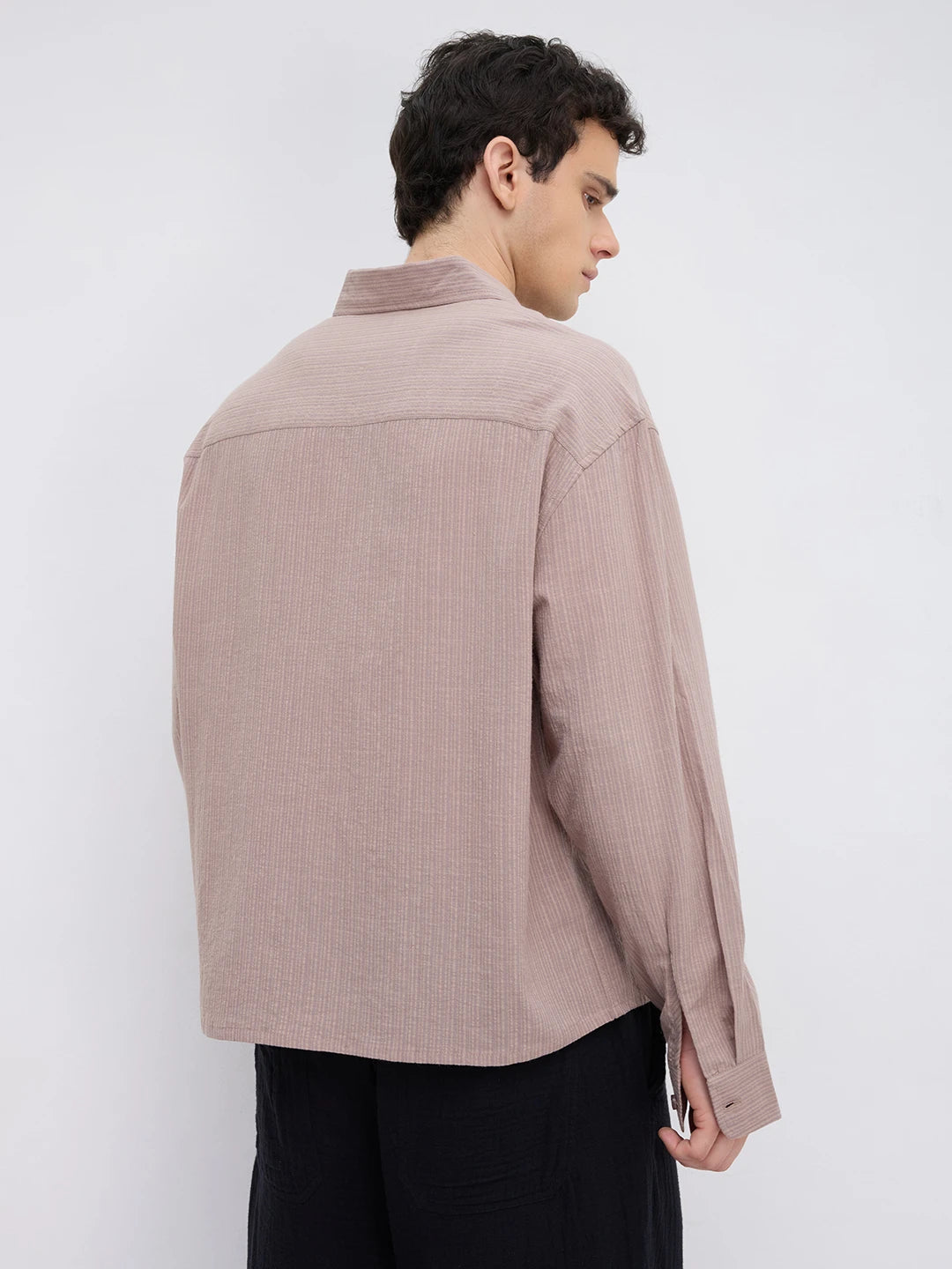 Taupe Brown Fine Striped Boxy Fit Crop Shirt