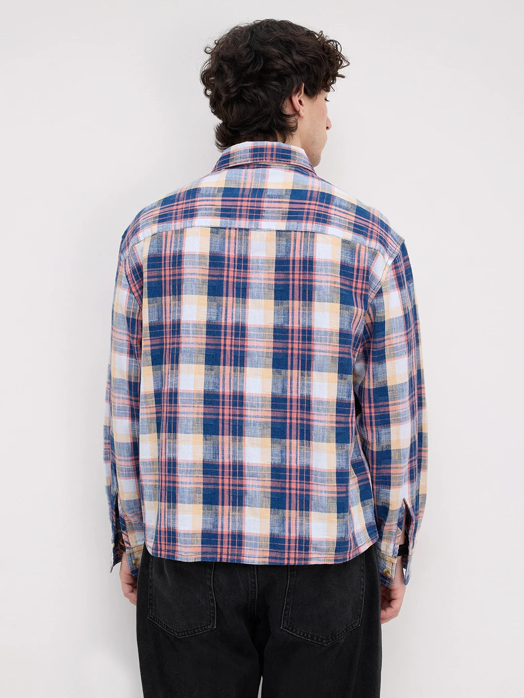 Luxe Denim Coral Pink Plaid Checks Boxy Fit Crop Shirt