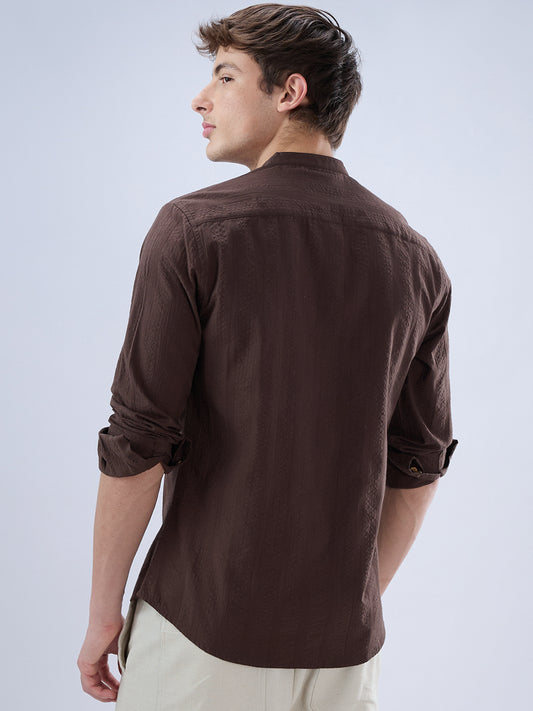 Chocolate Brown Seersucker Striped Mandarin Shirt