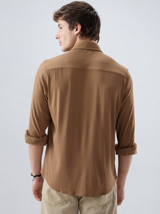 Copper Brown Fine Vertical Ribbed Knitted Shirt