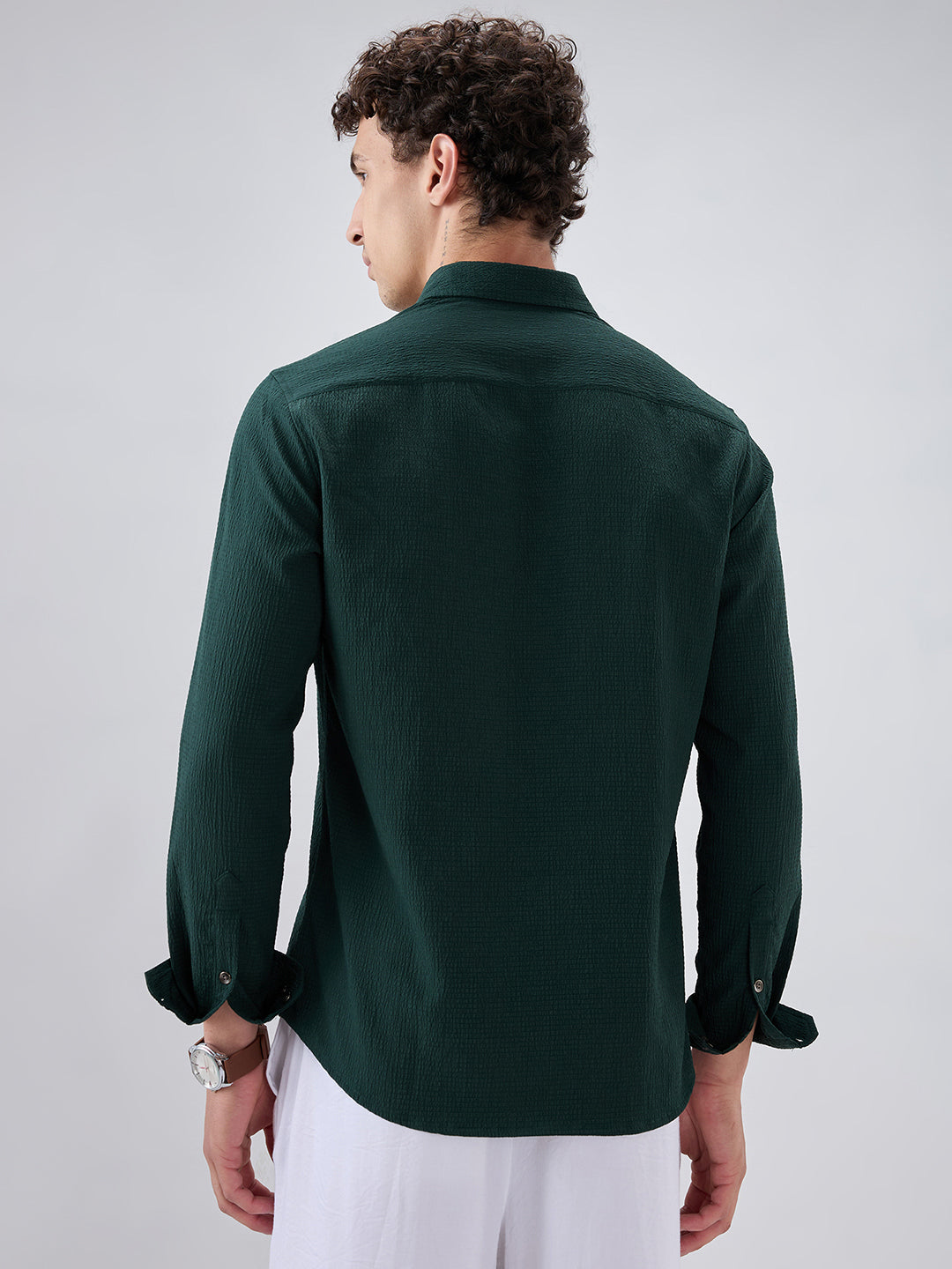 Deep Forest Green Minimal Weave Crinkled Shirt